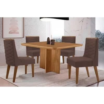 Conjunto Jantar Berlim 4 Lugares Tampo MDF com Cadeiras Estofadas Suede Marrom 90CM Móveis Rufato