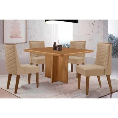 Conjunto Jantar Berlim 4 Lugares Tampo MDF Cadeiras Estofadas Linho Bege 90CM Móveis Rufato