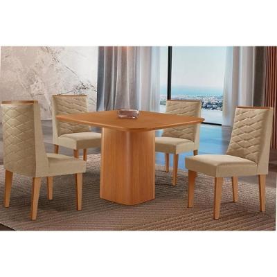 Conjunto Maldivas 4 Lugares Tampo MDF Cadeiras Estofadas Linho Bege 90CM Móveis Rufato