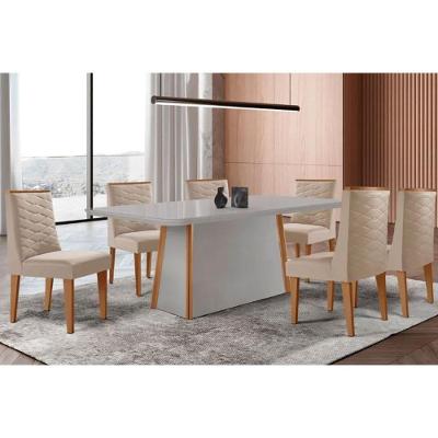 Conjunto Jantar Tilia Curvo 6 Lugares Tampo MDF com Cadeiras Estofadas Suede Creme 180CM Móveis