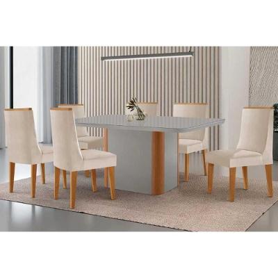 Conjunto Jantar Pietá 6 Lugares Tampo Vidro Curvo Cadeiras Estofadas Suede Creme 180CM Móveis Rufato