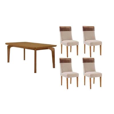 Conjunto Jantar Londrina 4 Lugares Tampo MDF com Cadeiras Estofadas Suede Capuccino e Creme 120CM