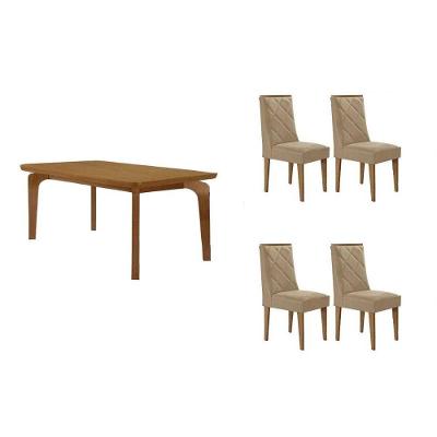 Conjunto Jantar Londrina 4 Lugares Tampo MDF Cadeiras Estofadas Suede Creme 120CM Móveis Rufato