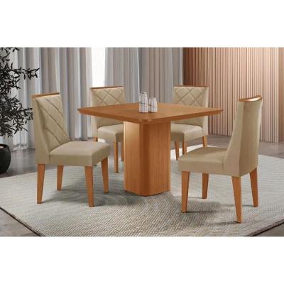 Conjunto Jantar Maldivas 4 Lugares Tampo MDF Cadeiras Estofadas Linho Bege 90CM Móveis Rufato