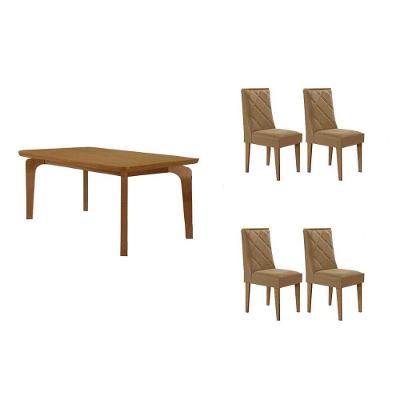 Conjunto Jantar Londrina 4 Lugares Tampo MDF com Cadeiras Estofadas Capuccino e Linho Bege 120CM