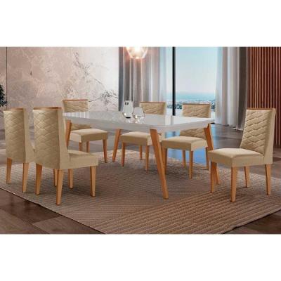 Conjunto Jantar Havana Curvo 6 Lugares Tampo MDF Cadeiras Estofadas Linho Bege 180CM Móveis Rufato