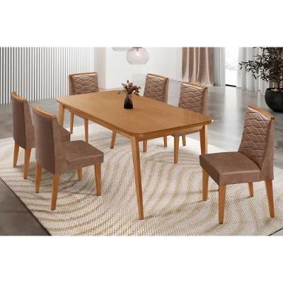 Conjunto Jantar Havana Curvo 6 Lugares Tampo MDF Cadeiras Suede Capuccino 180CM Móveis Rufato
