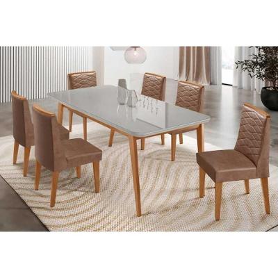 Conjunto Jantar Havana Curvo 6 Lugares Tampo MDF Cadeiras Estofadas Suede Off White 180CM Móveis