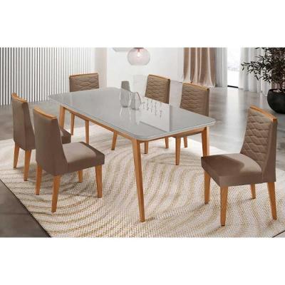 Conjunto Jantar Havana Curvo 6 Lugares Tampo MDF Cadeiras Estofadas Suede Off White 180CM Móveis