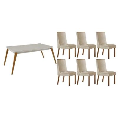 Conjunto Jantar Havana Curvo 6 Lugares Tampo MDF Cadeiras Estofadas Suede Creme 180CM Móveis Rufato