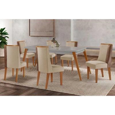 Conjunto Jantar Havana Curvo 6 Lugares Tampo MDF Cadeiras Suede Creme 180CM Móveis Rufato