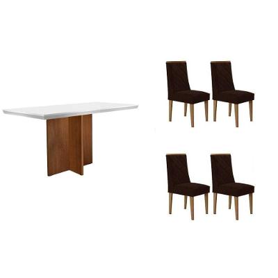 Conjunto Mesa Jantar Berlim Curvo 4 Lugares Tampo MDF Bordas Arredondadas Off White 120CM Móveis
