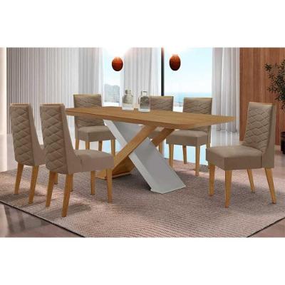 Conjunto de Jantar Imperatriz Curvo 6 Lugares Tampo MDF Cadeiras Estofadas Suede Capuccino e Off