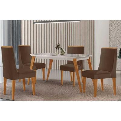 Conjunto Jantar Havana Curvo 4 Lugares Tampo MDF Cadeiras Suede Marrom 120CM Móveis Rufato