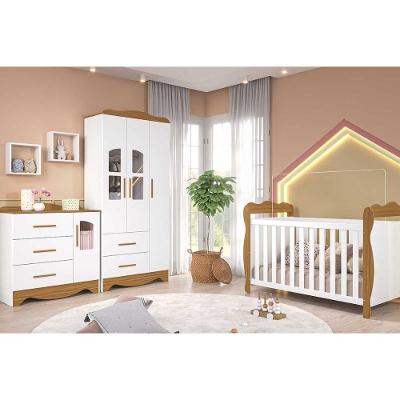 Quarto de Bebê Completo Lisi 3 Portas 2 Gavetas Peroba 92,9CM Branco e Amendoa