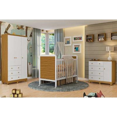 Quarto Completo Infantil Qi123 Kit 3 Peças 3 Portas 3 Gavetas Peroba 95CM Branco e Amêndoa