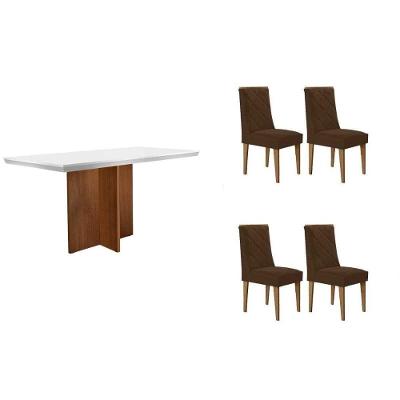 Conjunto de Jantar Berlim Curvo 4 Lugares Tampo MDF Bordas Arredondadas Off White 120CM Móveis