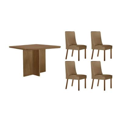 Conjunto de Jantar Berlim Curvo 4 Lugares Tampo MDF Cadeiras Estofadas Linho Bege 90CM Móveis Rufato