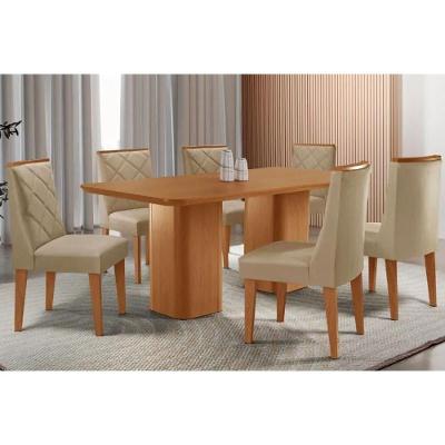 Conjunto Maldivas 6 Lugares Tampo MDF com Cadeiras Estofadas Linho Bege 180CM Móveis Rufato