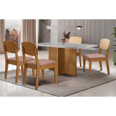 Conjunto Jantar Berlim Curvo 4 Lugares Tampo MDF Cadeiras Estofadas Linho Capuccino 120CM Móveis