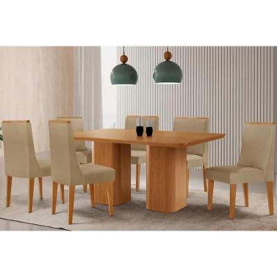 Conjunto Maldivas 6 Lugares Tampo MDF com Cadeiras Estofadas Linho Bege 180CM Móveis Rufato