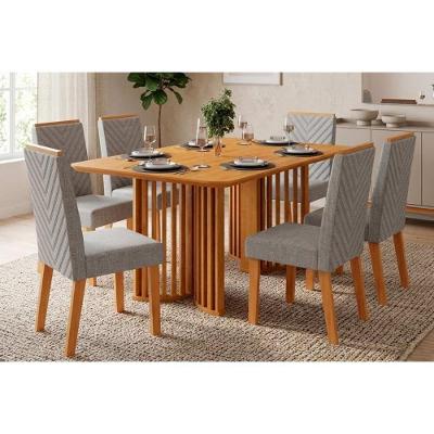 Conjunto Jantar Luma 6 Lugares Tampo MDF com Cadeiras em Linho Neblina 170CM DJ Móveis