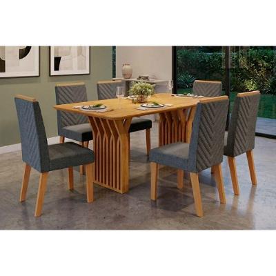 Conjunto de Jantar Yara 6 Lugares Tampo MDF Cadeiras Estofadas Linho Granito 170CM DJ Móveis