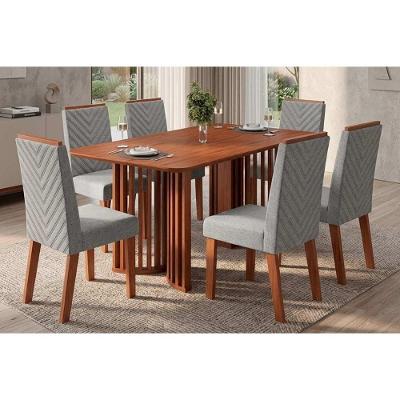 Conjunto Jantar Luma 6 Lugares Tampo MDF Cadeiras Estofadas Linho Neblina 170CM DJ Móveis