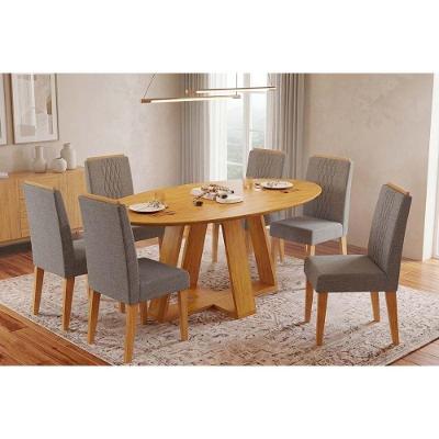 Conjunto de Jantar Celeste 6 Lugares Tampo MDF com Cadeiras Linho Neblina Cedro 180CM DJ Móveis