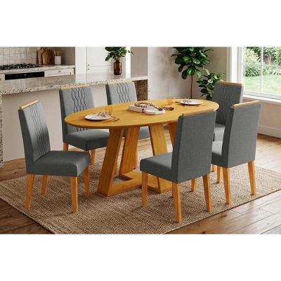 Conjunto de Jantar Celeste 6 Lugares Tampo MDF Cadeiras Linho Granito 180CM DJ Móveis