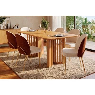 Conjunto Jantar Luma 6 Lugares Tampo MDF Cadeiras Boucle Pérola e Terracota 170CM DJ Móveis