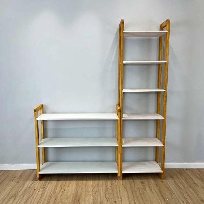 Kit Estante e Aparador Linea 6 Prateleiras Madeira Pinus 100CM Branco e Nozes