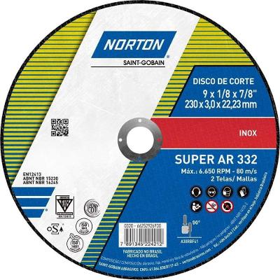 Disco de Corte AR332 para Aço Inox 230MM X 3MM X 22,23MM Norton 6.650 RPM