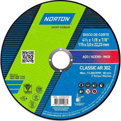Disco de Corte Classic para Aços e Materiais Ferrosos Norton 115MM X 3MM X 22,23MM