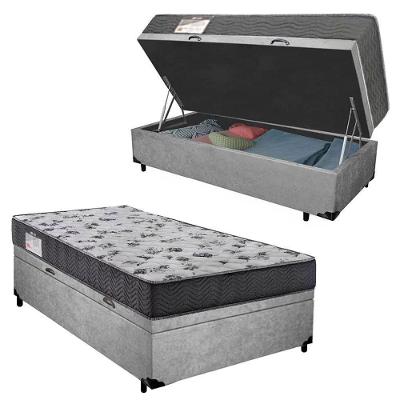 Cama Box com Baú Solteiro Espuma Macia Acoplada 10cm Cinza 88CM