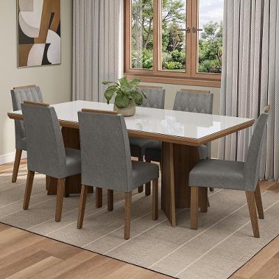 Conjunto Sala de Jantar Pienza 6 Lugares Tampo em Vidro com Cadeiras Estofadas Silver Rustic 160CM