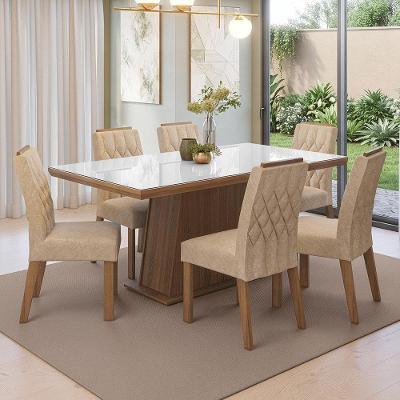 Conjunto Sala de Jantar Colmar 6 Lugares Tampo em Vidro Rustic e Branco 160CM Madesa