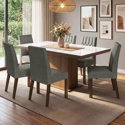 Conjunto Sala de Jantar Dinan 6 Lugares Tampo em Vidro Cadeiras Estofadas Silver Rustic 160CM Madesa