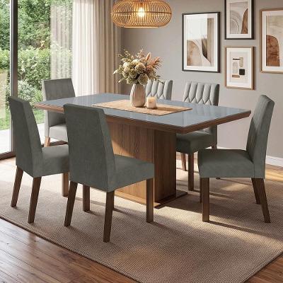 Conjunto Sala de Jantar Dinan 6 Lugares Tampo em Vidro Rustic e Cinza 160CM Madesa