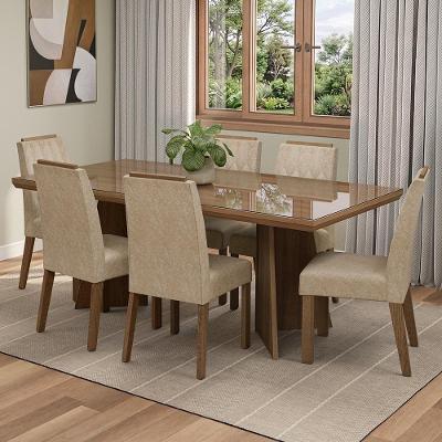 Conjunto Sala de Jantar Pienza 6 Lugares Tampo em Vidro com Cadeiras Estofadas Imperial Marrom 160CM