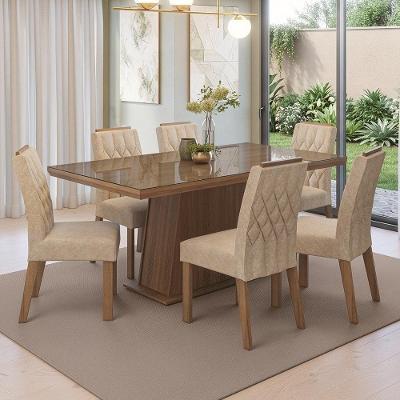 Conjunto Sala de Jantar Colmar 6 Lugares Tampo em Vidro Cadeiras Estofadas Marrom 160CM Madesa