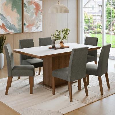 Conjunto Sala de Jantar Grasse 6 Lugares Tampo MDP Base Pedestal Rustic Branco e Silver 160CM Madesa