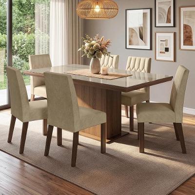 Conjunto Sala de Jantar Dinan 6 Lugares Tampo em Vidro Marrom com Moldura 160CM Madesa