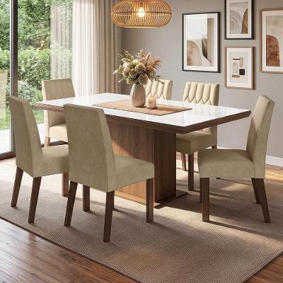 Conjunto Sala de Jantar Dinan 6 Lugares Tampo MDF com Vidro Sobreposto Marrom 160CM Madesa
