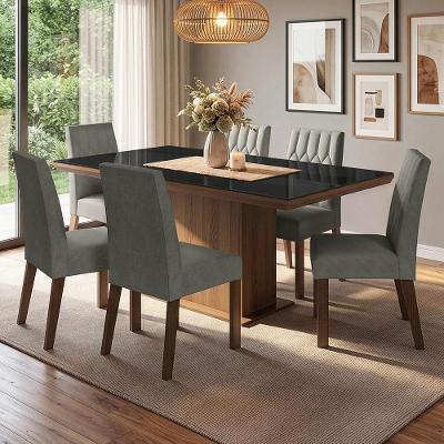 Conjunto Sala de Jantar Dinan 6 Lugares Tampo em Vidro Base MDP Rustic Preto e Silver 160CM Madesa