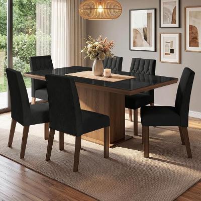 Conjunto Sala de Jantar Dinan 6 Lugares Tampo em Vidro Rustic Preto Oxford 160CM Madesa