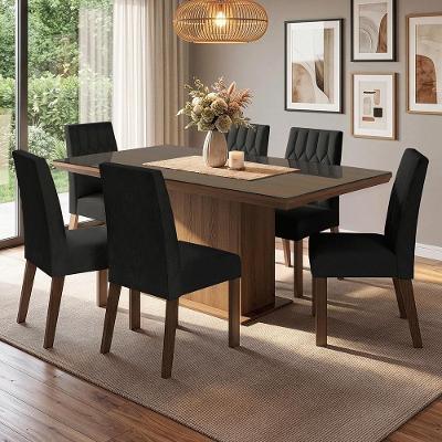 Conjunto Sala de Jantar Dinan 6 Lugares Tampo em Vidro Estofado Oxford Marrom 160CM Madesa