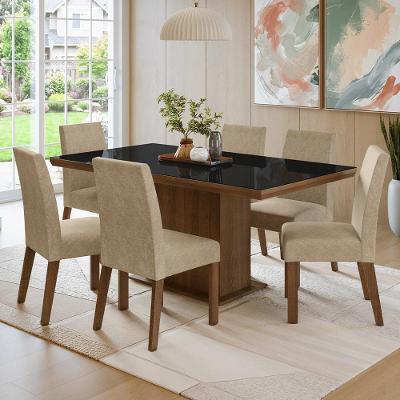 Conjunto Sala de Jantar Alba 6 Lugares Tampo em Vidro com Moldura Marrom 160CM Madesa
