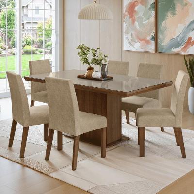 Conjunto Sala de Jantar Alba 6 Lugares Tampo em Vidro com Moldura Marrom 160CM Madesa