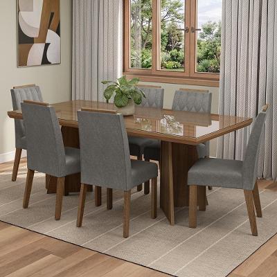 Conjunto de Jantar Pienza 6 Lugares Tampo em Vidro com Pés Trapézio Marrom 160CM Madesa